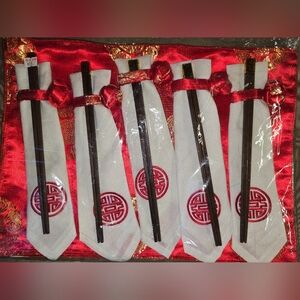 Set 5 Embroidered Asian Placemats Red Gold Matching Napkins Chopsticks NIP